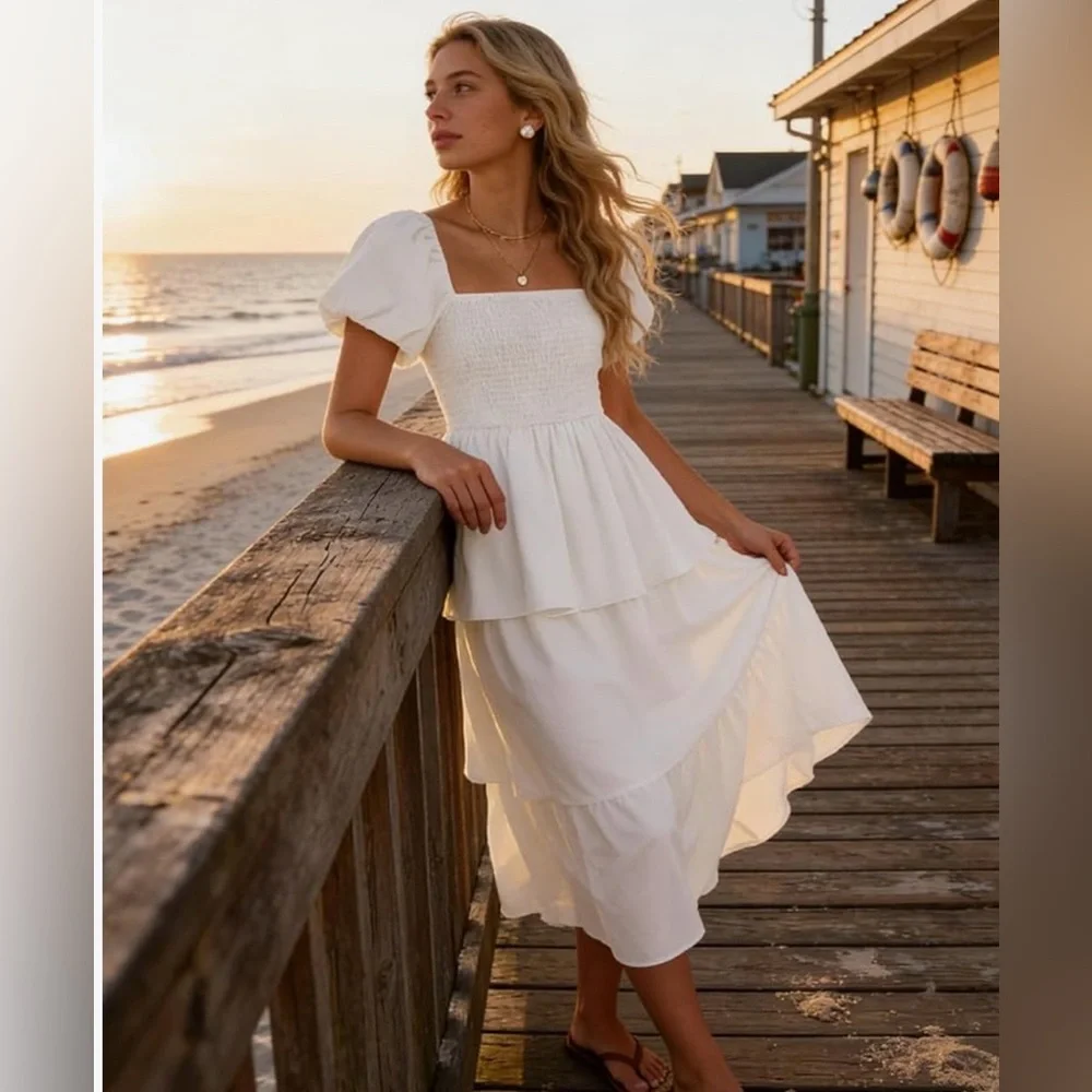 Boho Puff Sleeve Modest Midi Square Neck Dress | Easter Dress, Wedding Dress - Picture 3 of 5